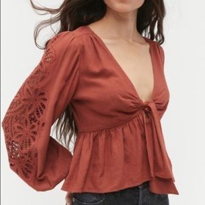 UO Margo Embroidered Balloon Sleeve Top